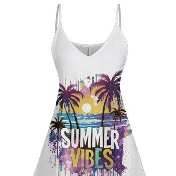 Coconut Tree Wave Sunset Slogan Pattern Splash Ink Casual Dress Spaghetti Strap V Neck A Line Mini Tank Dress
