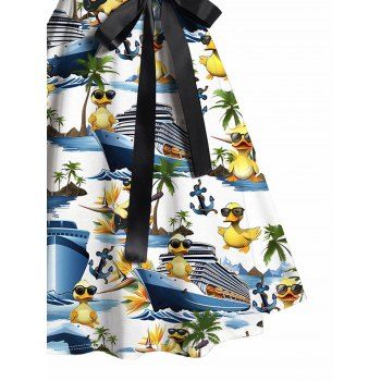Vocation Duck Beach Print Sweetheart Neck Mock Button Dress Belt Ruched Sleeveless Mini Dress
