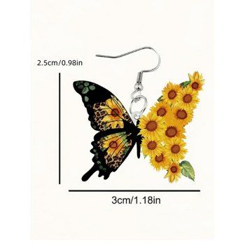 Vivid Sunflower Pattern Butterfly Shaped Drop Earrings Vacation Elegance Earrings