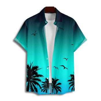 Vacation Couple Outfit Ombre Coconut Tree Seagulls Pattern Spaghetti Strap V Neck A Line Mini Tank Dress and Roll Up Sleeve Shirt Beach Matching Outfit