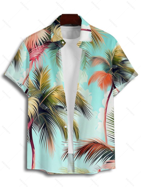 Chemise de Plage Motif de Cocotier Boutonnée à Manches Roulées pour Homme - Vert clair L