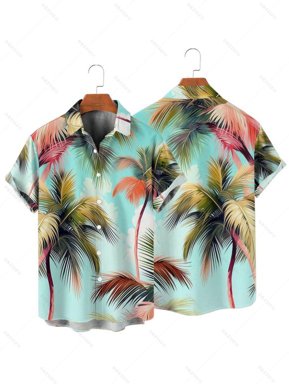 Chemise de Plage Motif de Cocotier Boutonnée à Manches Roulées pour Homme - Vert clair L