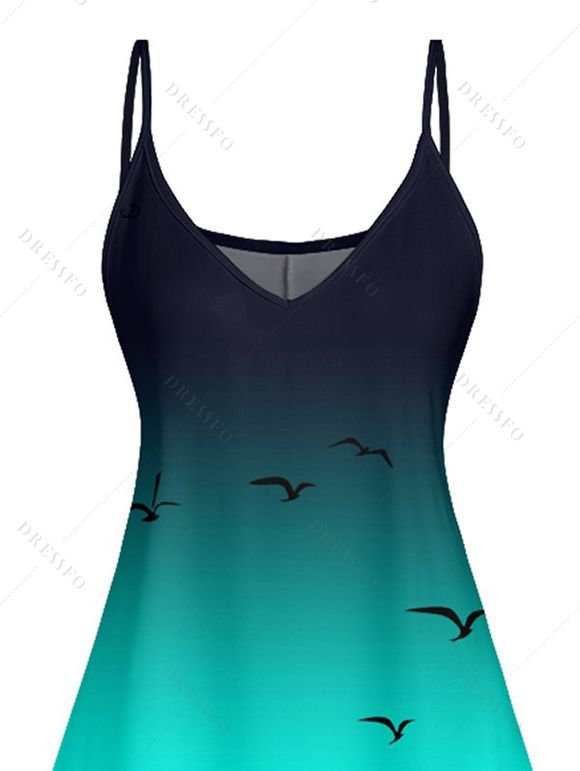 Mini Robe Ligne A Ombrée Motif de Mouettes et de Cocotier à Bretelle Fine - Vert XXXXXL | US 20