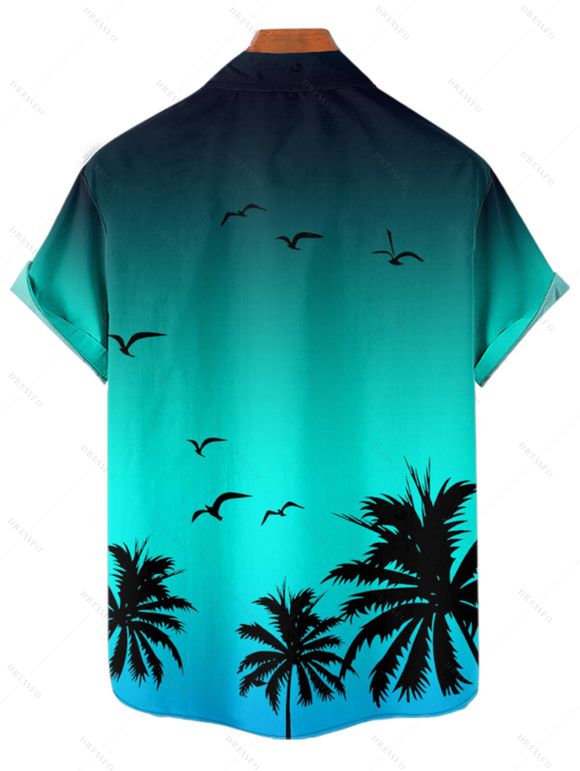 Chemise de Plage Jointif Motif Mouettes et Cocotier à Manches Roulées pour Hommes - Vert 2XL