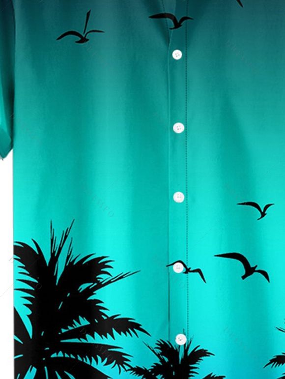 Chemise de Plage Jointif Motif Mouettes et Cocotier à Manches Roulées pour Hommes - Vert 2XL