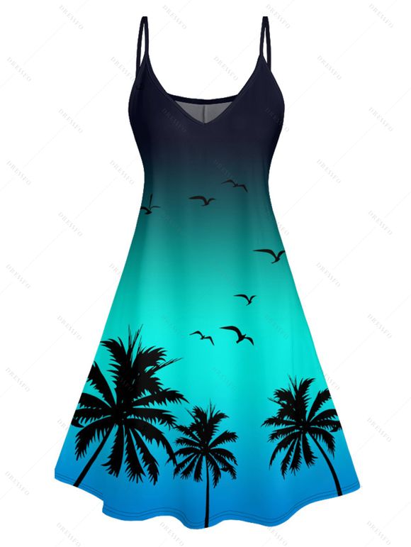 Vacation Couple Outfit Ombre Coconut Tree Seagulls Pattern Spaghetti Strap V Neck A Line Mini Tank Dress and Roll Up Sleeve Shirt Beach Matching Outfit - Vert S | US 4