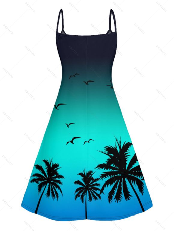 Vacation Couple Outfit Ombre Coconut Tree Seagulls Pattern Spaghetti Strap V Neck A Line Mini Tank Dress and Roll Up Sleeve Shirt Beach Matching Outfit - Vert S | US 4