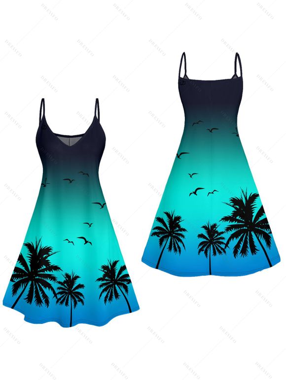 Vacation Couple Outfit Ombre Coconut Tree Seagulls Pattern Spaghetti Strap V Neck A Line Mini Tank Dress and Roll Up Sleeve Shirt Beach Matching Outfit - Vert S | US 4