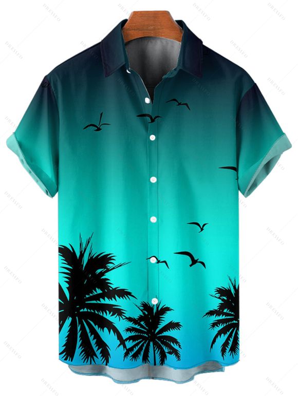 Vacation Couple Outfit Ombre Coconut Tree Seagulls Pattern Spaghetti Strap V Neck A Line Mini Tank Dress and Roll Up Sleeve Shirt Beach Matching Outfit - Vert S | US 4