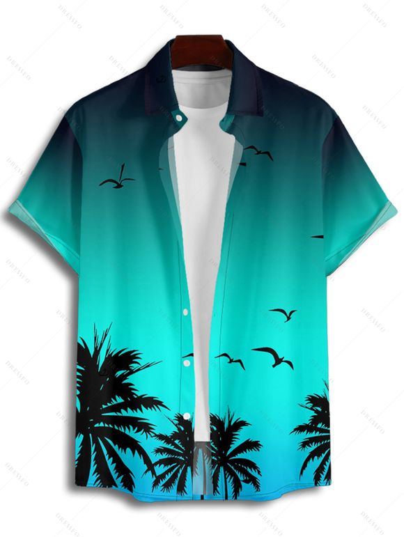 Vacation Couple Outfit Ombre Coconut Tree Seagulls Pattern Spaghetti Strap V Neck A Line Mini Tank Dress and Roll Up Sleeve Shirt Beach Matching Outfit - Vert S | US 4