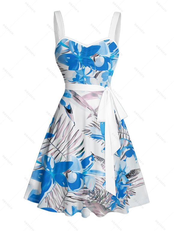 Vacation Couple Outfit Tropical Leaf Floral Print Ruched Bust Belt A Line Dress and Roll Up Sleeve Button Up Shirt Matching Outfit - Bleu S | US 4