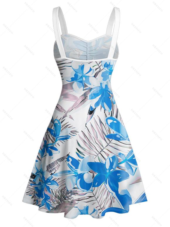 Vacation Couple Outfit Tropical Leaf Floral Print Ruched Bust Belt A Line Dress and Roll Up Sleeve Button Up Shirt Matching Outfit - Bleu S | US 4