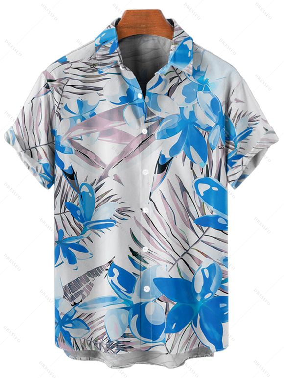 Vacation Couple Outfit Tropical Leaf Floral Print Ruched Bust Belt A Line Dress and Roll Up Sleeve Button Up Shirt Matching Outfit - Bleu S | US 4