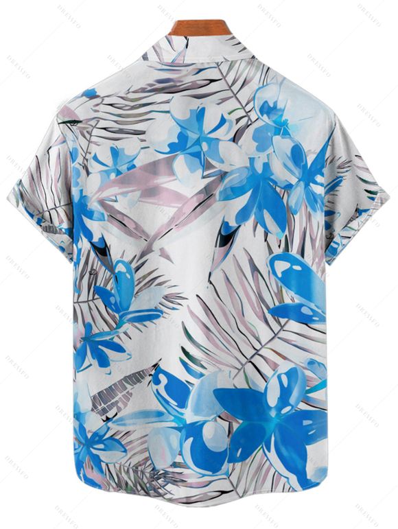 Vacation Couple Outfit Tropical Leaf Floral Print Ruched Bust Belt A Line Dress and Roll Up Sleeve Button Up Shirt Matching Outfit - Bleu S | US 4