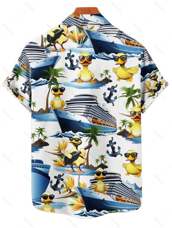 Chemise de Plage Boutonnée Motif de Canard Amusant Manches Roulées à Col Relevé - Blanc 3XL