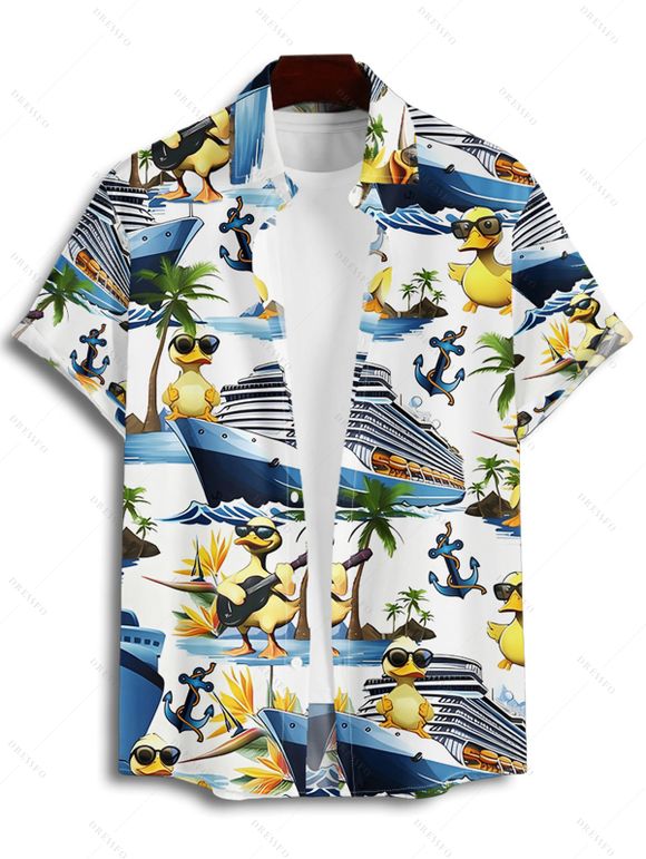 Chemise de Plage Boutonnée Motif de Canard Amusant Manches Roulées à Col Relevé - Blanc 3XL