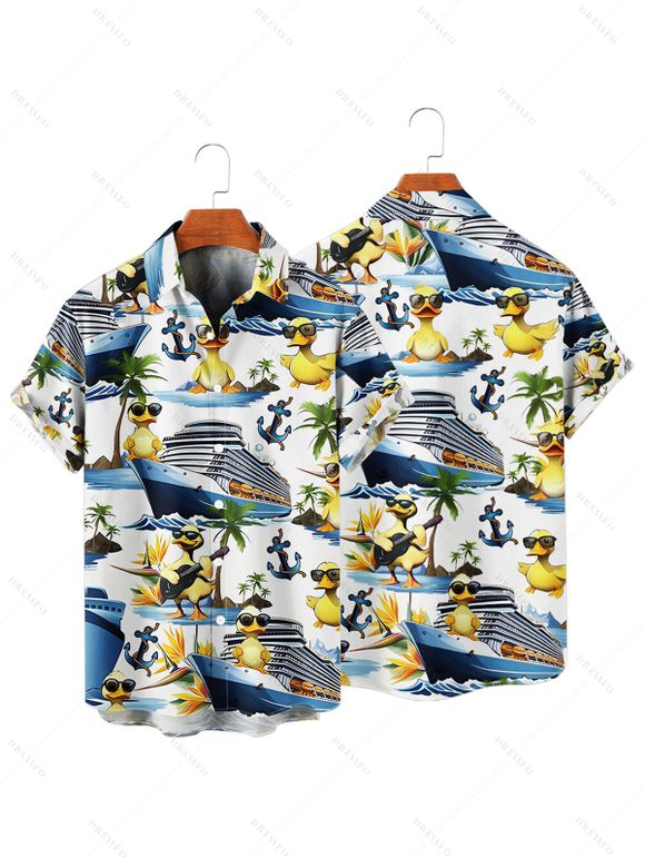 Chemise de Plage Boutonnée Motif de Canard Amusant Manches Roulées à Col Relevé - Blanc 3XL
