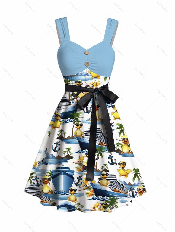 Vacation Couple Outfit Funny Duck Ship Pattern Spaghetti Strap V Neck A Line Mini Tank Dress and Roll Up Sleeve Shirt Beach Matching Outfit - Blanc S | US 4