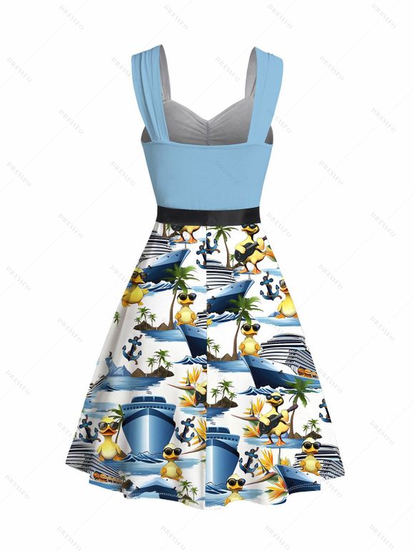 Vacation Couple Outfit Funny Duck Ship Pattern Spaghetti Strap V Neck A Line Mini Tank Dress and Roll Up Sleeve Shirt Beach Matching Outfit - Blanc S | US 4