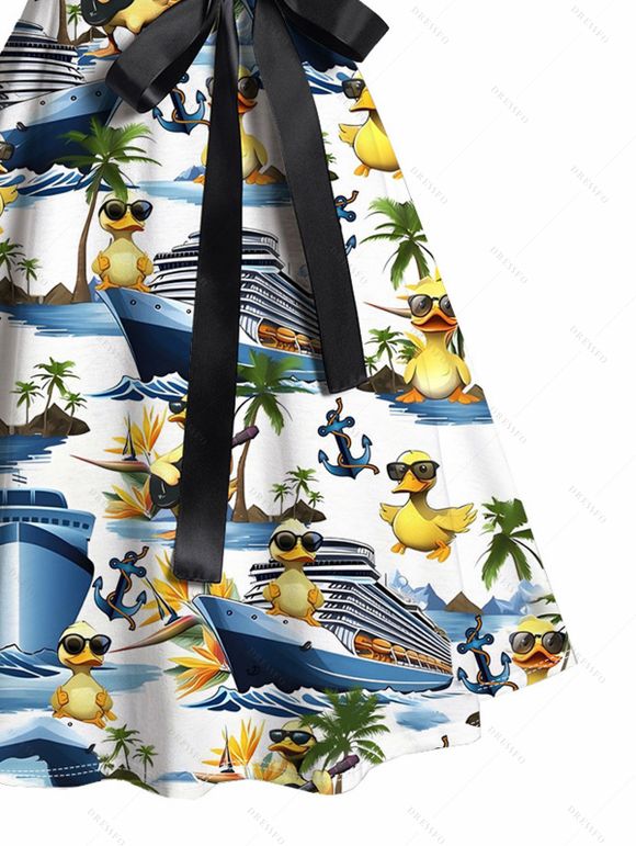 Vacation Couple Outfit Funny Duck Ship Pattern Spaghetti Strap V Neck A Line Mini Tank Dress and Roll Up Sleeve Shirt Beach Matching Outfit - Blanc S | US 4