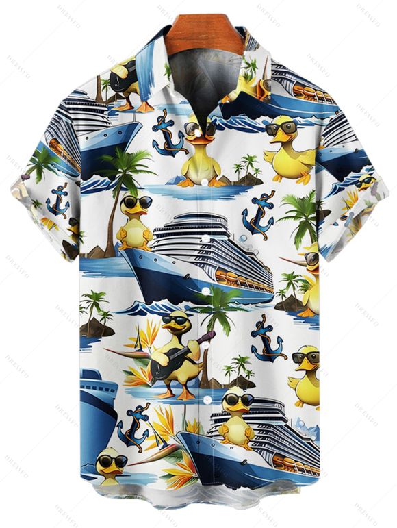 Vacation Couple Outfit Funny Duck Ship Pattern Spaghetti Strap V Neck A Line Mini Tank Dress and Roll Up Sleeve Shirt Beach Matching Outfit - Blanc S | US 4