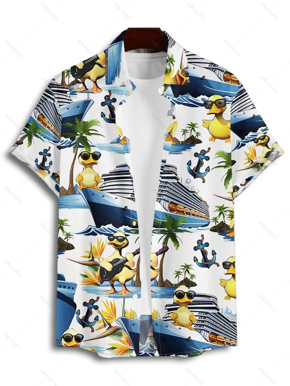 Vacation Couple Outfit Funny Duck Ship Pattern Spaghetti Strap V Neck A Line Mini Tank Dress and Roll Up Sleeve Shirt Beach Matching Outfit - Blanc S | US 4