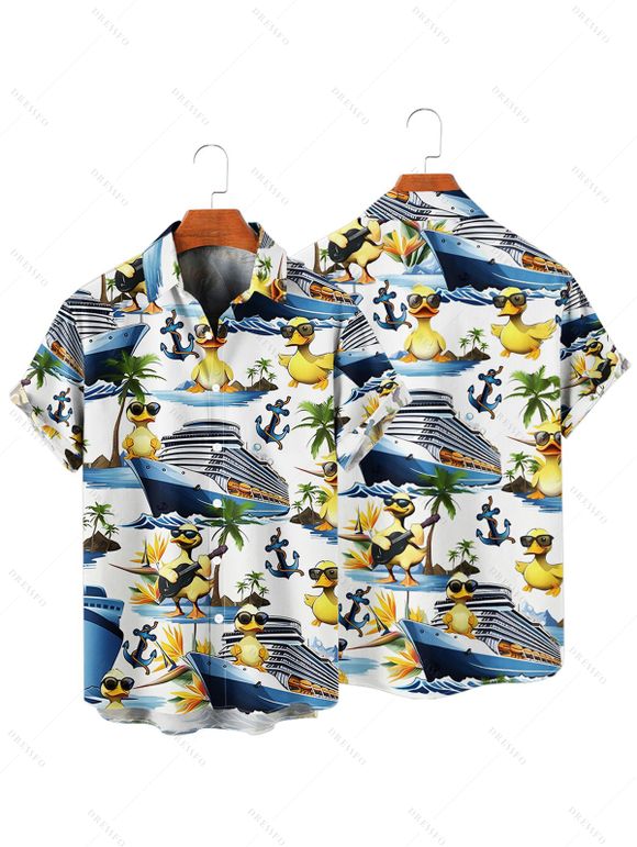 Vacation Couple Outfit Funny Duck Ship Pattern Spaghetti Strap V Neck A Line Mini Tank Dress and Roll Up Sleeve Shirt Beach Matching Outfit - Blanc S | US 4