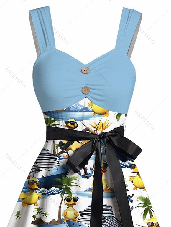 Mini Robe Boutonnée avec Ceinture sans Manches à Col en Forme de Cœur pour Femmes - Bleu clair M | US 6