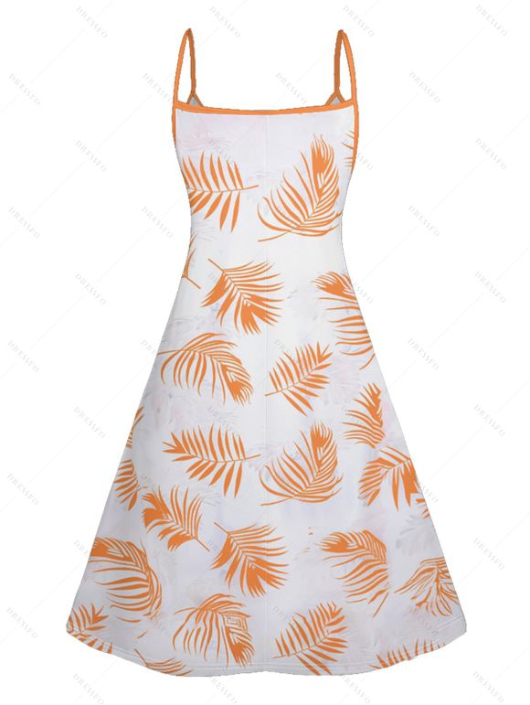 Vacation Couple Outfit Palm Tree Leaf Pattern Spaghetti Strap V Neck A Line Mini Tank Dress and Roll Up Sleeve Shirt Drawstring Shorts Hawaii Matching Outfit - Orange S | US 4