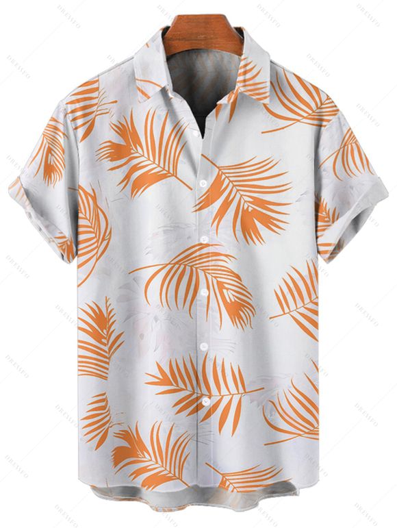 Vacation Couple Outfit Palm Tree Leaf Pattern Spaghetti Strap V Neck A Line Mini Tank Dress and Roll Up Sleeve Shirt Drawstring Shorts Hawaii Matching Outfit - Orange S | US 4