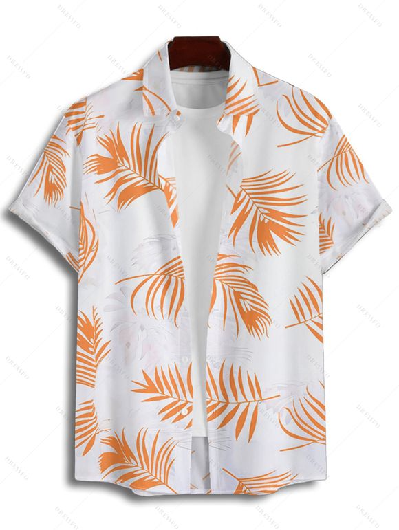 Vacation Couple Outfit Palm Tree Leaf Pattern Spaghetti Strap V Neck A Line Mini Tank Dress and Roll Up Sleeve Shirt Drawstring Shorts Hawaii Matching Outfit - Orange S | US 4