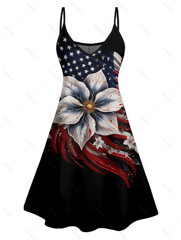 Independence Day Couple Outfit American Flag Floral Pattern Spaghetti Strap V Neck A Line Mini Tank Dress and Roll Up Sleeve Shirt Patriotic Outfit - Noir S | US 4