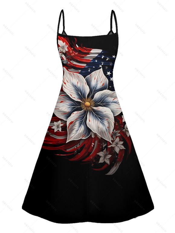 Independence Day Couple Outfit American Flag Floral Pattern Spaghetti Strap V Neck A Line Mini Tank Dress and Roll Up Sleeve Shirt Patriotic Outfit - Noir S | US 4
