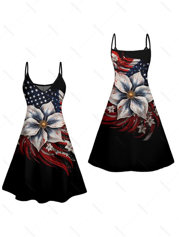 Independence Day Couple Outfit American Flag Floral Pattern Spaghetti Strap V Neck A Line Mini Tank Dress and Roll Up Sleeve Shirt Patriotic Outfit - Noir S | US 4