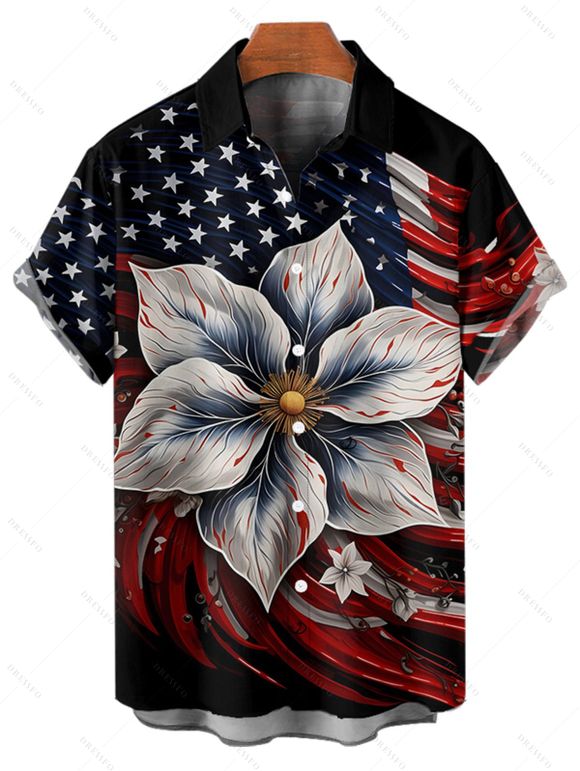 Independence Day Couple Outfit American Flag Floral Pattern Spaghetti Strap V Neck A Line Mini Tank Dress and Roll Up Sleeve Shirt Patriotic Outfit - Noir S | US 4
