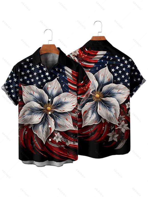 Independence Day Couple Outfit American Flag Floral Pattern Spaghetti Strap V Neck A Line Mini Tank Dress and Roll Up Sleeve Shirt Patriotic Outfit - Noir S | US 4