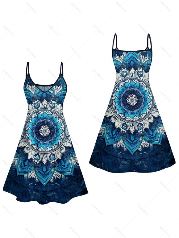 Mini Robe Ligne A Fleur Imprimée à Bretelle Fine à Col V - Bleu profond XL | US 12