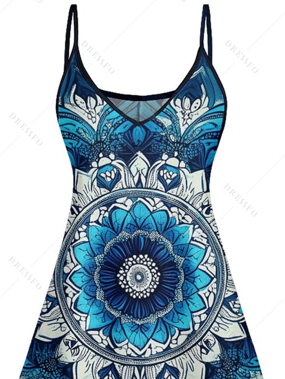 Mini Robe Ligne A Fleur Imprimée à Bretelle Fine à Col V - Bleu profond XL | US 12