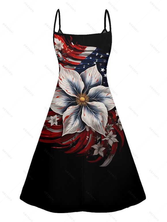 Mini Robe Ligne A Fleur Drapeau Américain à Bretelle Fine - Noir XL | US 12
