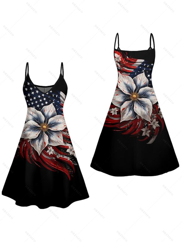 Mini Robe Ligne A Fleur Drapeau Américain à Bretelle Fine - Noir XL | US 12