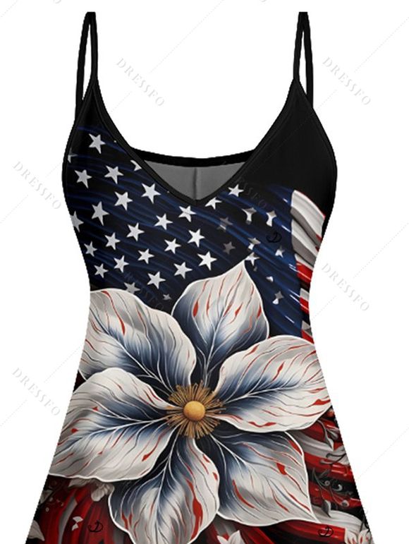 Mini Robe Ligne A Fleur Drapeau Américain à Bretelle Fine - Noir XL | US 12