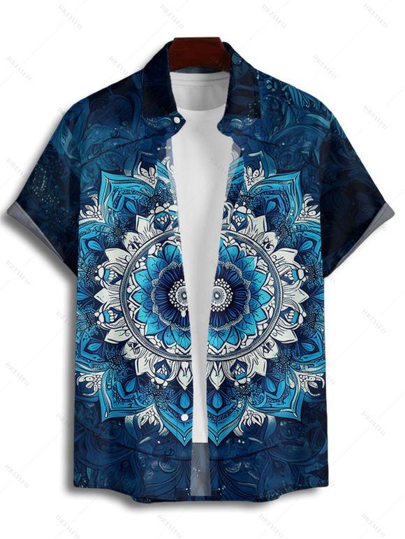Chemise Décontractée de Vacances Fleur Mandala Imprimé à Manches Courtes - Bleu profond 3XL