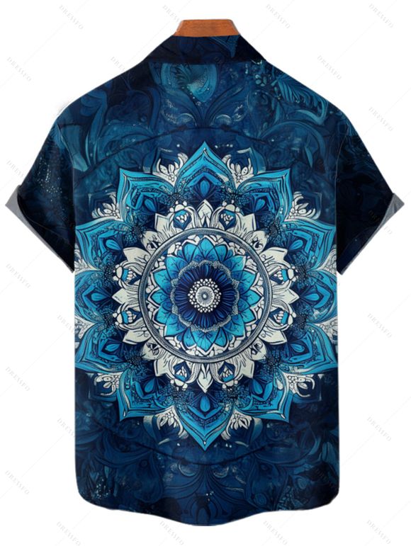 Chemise Décontractée de Vacances Fleur Mandala Imprimé à Manches Courtes - Bleu profond 3XL