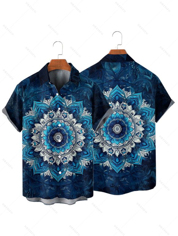 Chemise Décontractée de Vacances Fleur Mandala Imprimé à Manches Courtes - Bleu profond 3XL