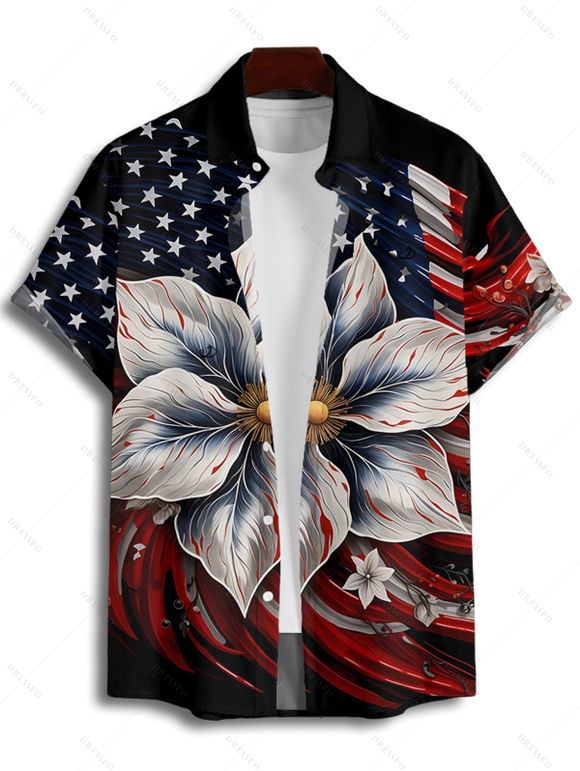 Chemise Décontractée Boutonnée Drapeau Américain à Manches Roulées - Noir L