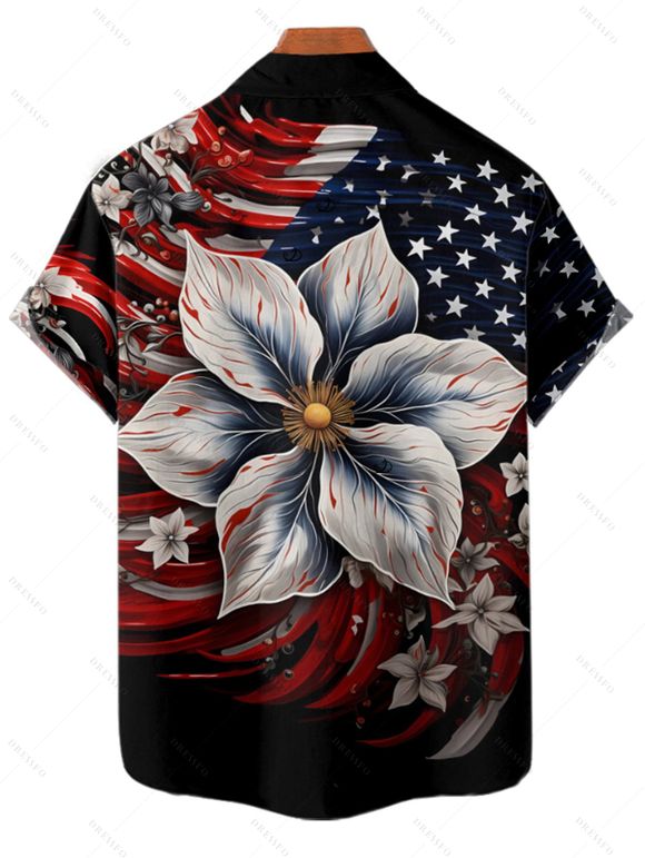 Chemise Décontractée Boutonnée Drapeau Américain à Manches Roulées - Noir L