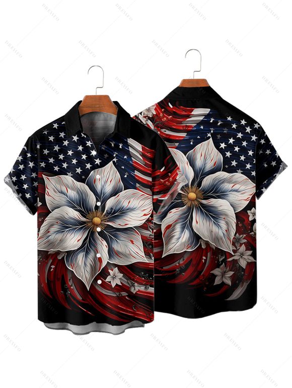 Chemise Décontractée Boutonnée Drapeau Américain à Manches Roulées - Noir L