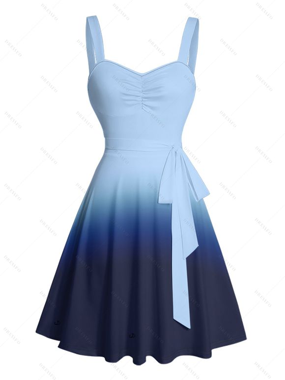 Casual Couple Outfit Ombre Ruched Bust Belt Sweetheart Neck A Line Mini Dress and Roll Up Sleeve Shirt Matching Outfit - Bleu S | US 4