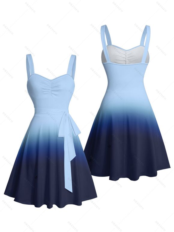 Casual Couple Outfit Ombre Ruched Bust Belt Sweetheart Neck A Line Mini Dress and Roll Up Sleeve Shirt Matching Outfit - Bleu S | US 4