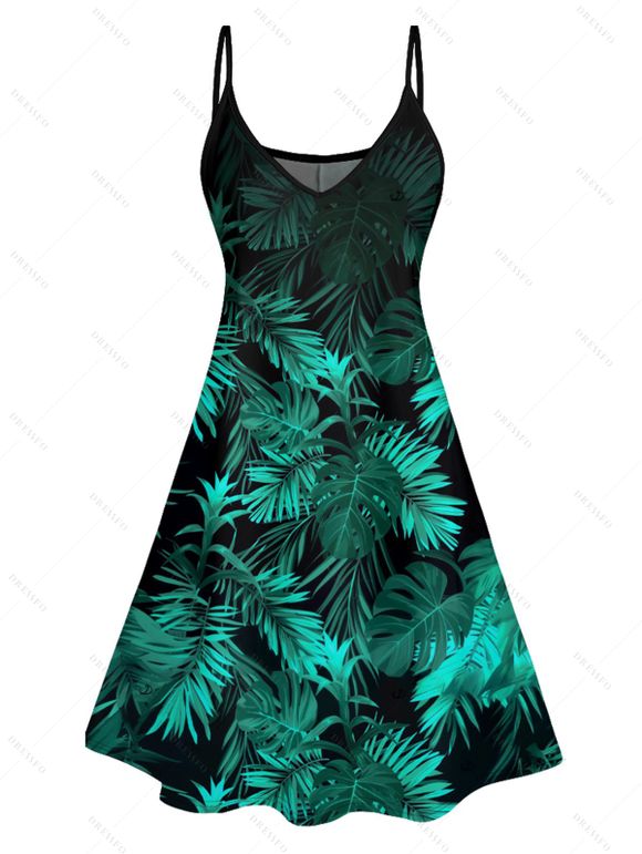 Vacation Couple Outfit Allover Tropical Leaf Pattern Spaghetti Strap V Neck A Line Mini Tank Dress and Roll Up Sleeve Shirt Beach Matching Outfit - Vert S | US 4